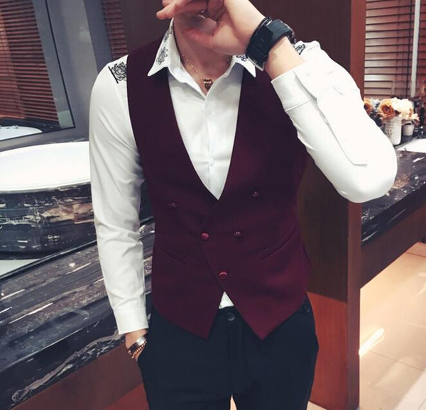 Hot Sales 2018 New Arrival Wholesale White/Black/Red Grooming Career Suits Vests Men's Causal Business Suits Wedding Vintage Deep V Neck