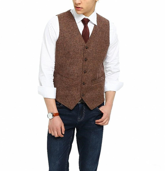 2018 British Country Style Farm Wedding Brown Wool Herringbone Tweed Vests Custom Made Groom's Suit Vest Slim Fit Wedding Vest Men Plus Size