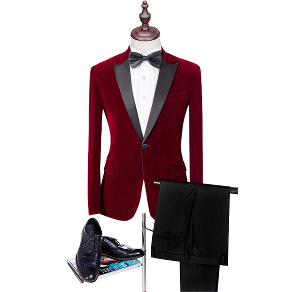 New Blue Red Black Velvet With Peaked Lapel Man Suits Pattern Groom Tuxedos Suit Tailored Wedding Suits (Jacket+Black pant)