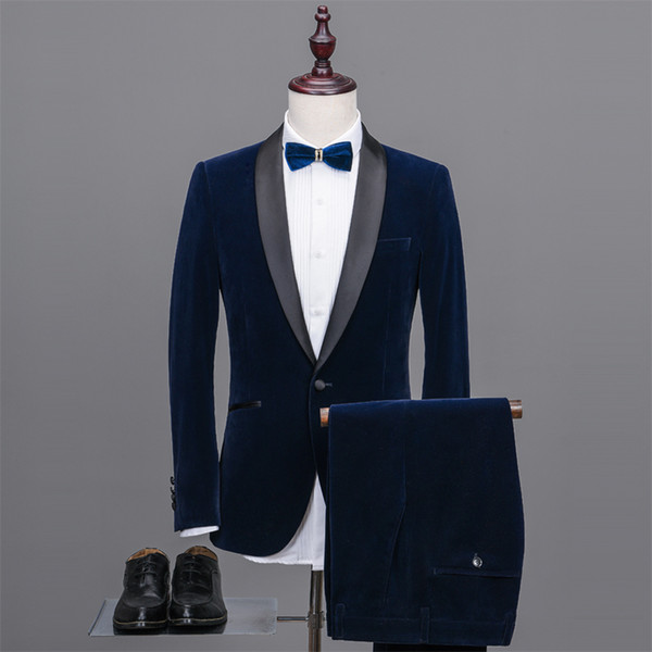 Terno Masculino Navy Blue Black Shawl Lapel Man Suits Groom Tuxedos Velvet Suit Tailored Wedding Suits Jacket+pants