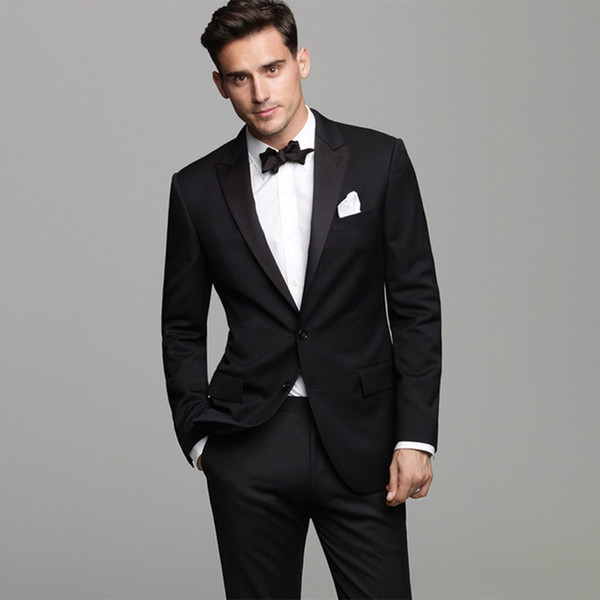 Custom Made Man Suits Black Wedding Suits For Men Tuxedo With Satin Peak Lapel 2 PSC Groom Tuxedos (Jacket+pants)