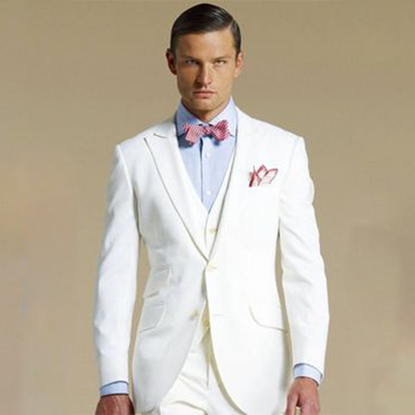 Ivory Wedding Suits For Men Bespoke Peak Lapel Groom Tuxedos Ivory Vest Tailor Made Groom Wear 2 buttons jacket as Tuxedos