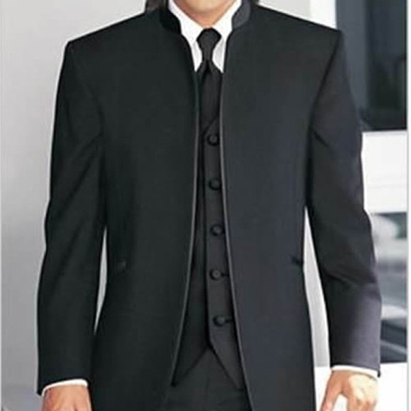 Custom Made Man Suits BESPOKE suit black Madarin Collar grooms men tuxedos with waistcoat Groom Tuxedos Groomsman Suit (Jacket+Pants+Vest)