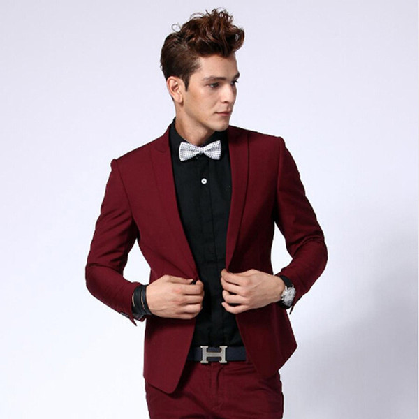 Fashion Burgundy Men Business Suits Men Wedding Prom Groom Tuxedos Male Business Casual Solid Color Groom Tuxedos(Jacket+Pants)