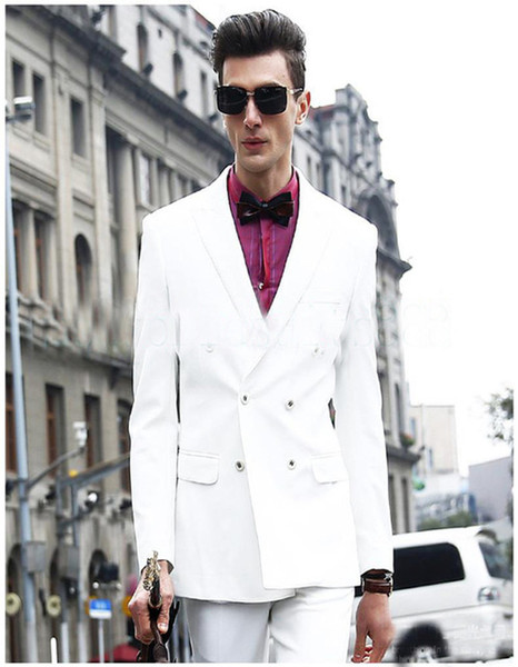 Double Breasted Mens Wedding Suits With Pants White Tuxedo Mens Fashion Wedding Suits Custom-made Groom Morning Suits (Jacket+pants)