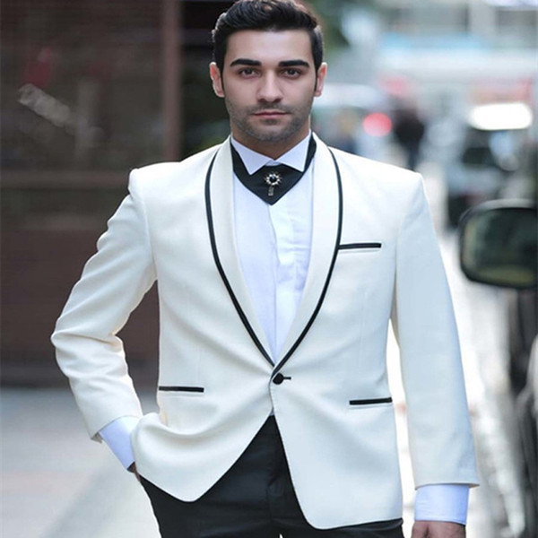 Wholesale with black trim Wedding Suit For Man Clothes White Groom Tuxedos Groomsman Suit Custom Made Man Suit (jacket+pants)