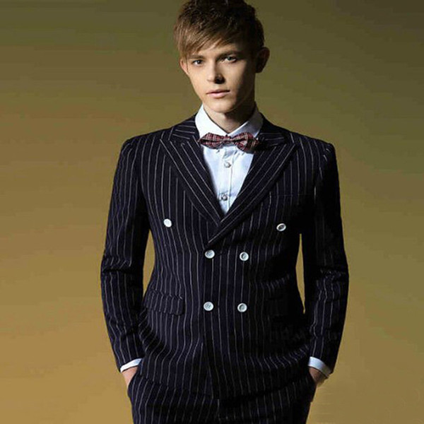 Black Groom Tuxedo Pinstripe Costume smoking men Suit Dinner Double Breasted Wedding Custom Made Mens Suits (Jacket+pants)