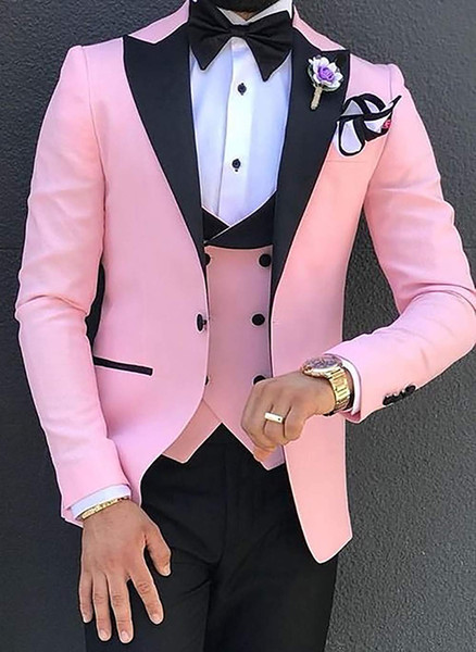 Pink Wedding Men Suit Slim Fit Notched Lape Blazer Formal Prom Suit with Black Pants 3 pieces Custom Made Groomsmen Suits(Jacket+Vest+Pants)