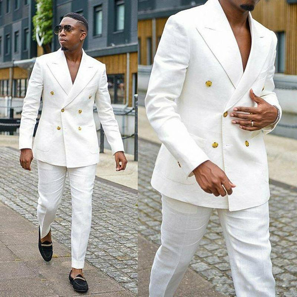 White Men Groom Tuxedos Groomsmen Suits Slim Fit Two Pieces Double Breasted Blazer Best Man Suit/Bridegroom/Wedding/Prom Suits(Jacket+Pants)