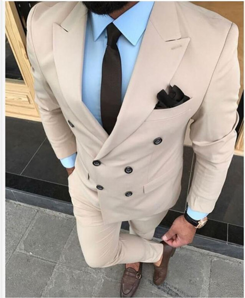 Solovedress Beige Men Wedding Suits 2 Pieces Casual Double Breasted Blazer Jacket Slim Fit Groom Suits Party Tuxedo Suits for Men