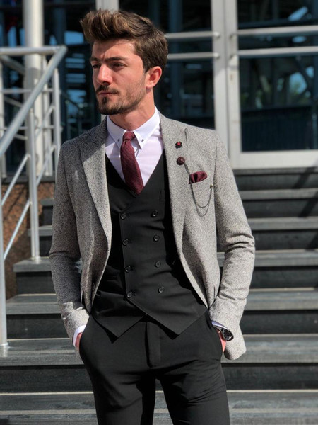 Solovedress 2 Pieces Grey Men Suits Casual with Black Pants Wool Tweed Men Suits for Wedding Party GroomTuxedo Custom Made