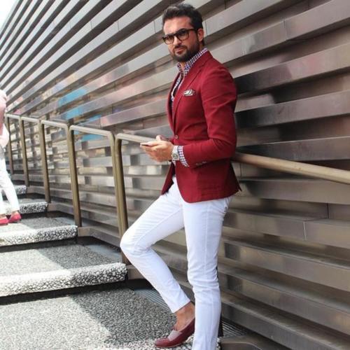 Solovedress 2 Pieces Men Suits Casual Red Suits With White Pants Groom Wedding Party Tuxedo Custom Best Men Suit