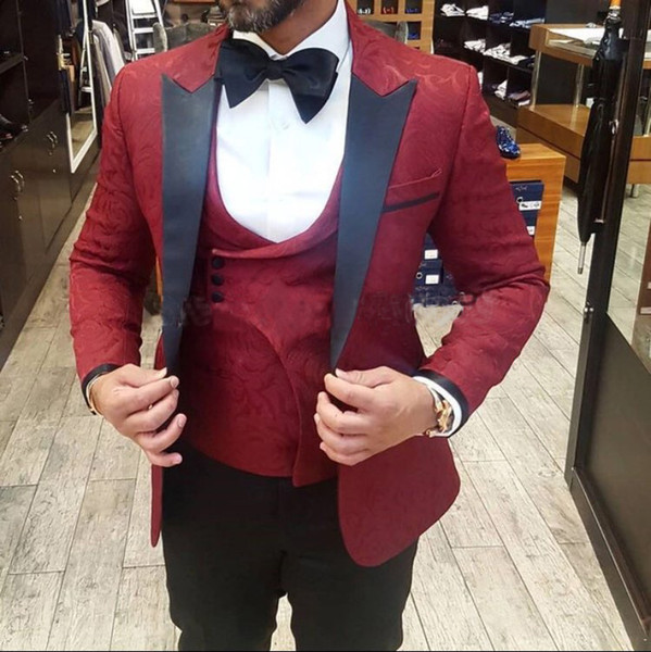 Solovedress High Quality Burgundy Suits for Men Slim Fit Groom Tuxedos Groomsmen Best Man Mens Wedding Suits Bridegroom (Jacket+Pants+Vest)