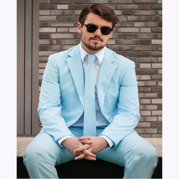 New 2 Pieces Light Blue Men Suits Slim Fit One Button Groom Tuxedos Wedding Suits Notch Lapel Formal Business Outfits (Jacket+Pant)