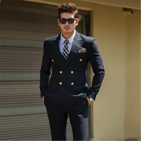 Custom Made Mens Prom Tuxedo Suits Black Double Breasted Blazer 2 Pieces Slim Fit Peak Lapel Formal Business Coat Pant Suits