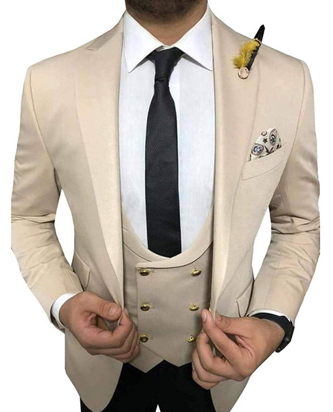 New Beige 3 Piece Groom Tuxedos Formal Business Party Best Men Suits Classic Fit Two Button Groom Suit Wedding Prom Suits Black Pants Vests