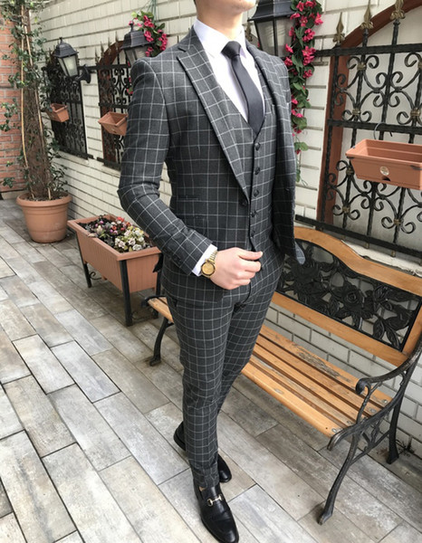 New Men 3 Piece Plaid Suit Custom Made Casual Business Slim Fit Wedding Tuxedos Groom Wear Terno Bridegroom Prom Suits(Jacket+Pants+Vest)