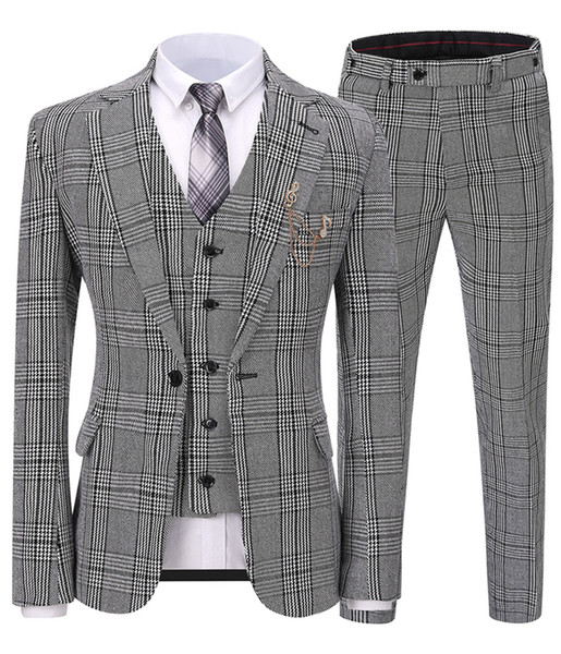 Latest Design 3 pieces Plaid Men Suits for Wedding Slim Fit Peaked Lapel Groom Tuxedos Men Business Dinner Prom Suits(Jacket+Pants+Vest)