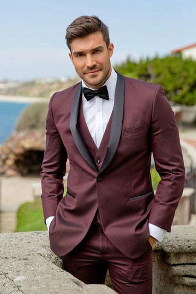 Burgundy Men Suits 3 Pieces Shawl Lapel Wedding Blazer Groom Tuxedos Man Suits Vest Pants Suit Set Costume Homme Mariage