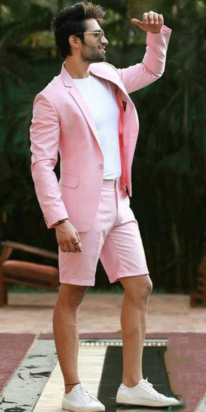 New 2 Pieces Pink Wedding Men Suit With Short Pants Fashion Business Terno Masculino Beach Mens Summer Groom Wear Suits