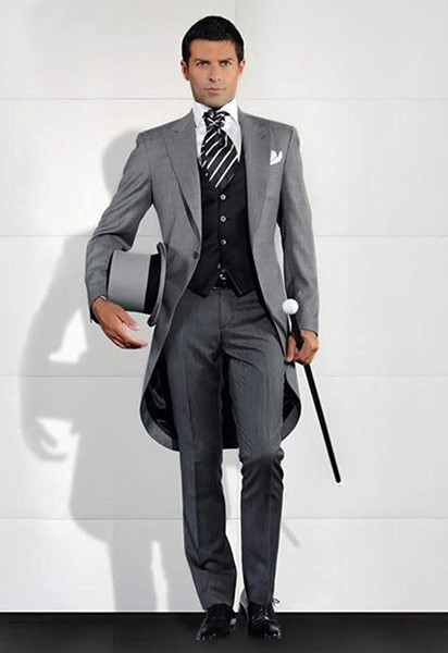 Setwell Male Grey Men Suits 3 Pieces Tailcoat Men Party Groomsmen Suits Slim Fit Wedding Tuxedos(Jacket+Pants+Vest)