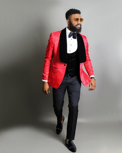Costume Homme Fashion Black Velvet Lapel Red Men Wedding Suit Tuxedo Groom Wedding Party Suits For Men Bridegroom Groomsmen