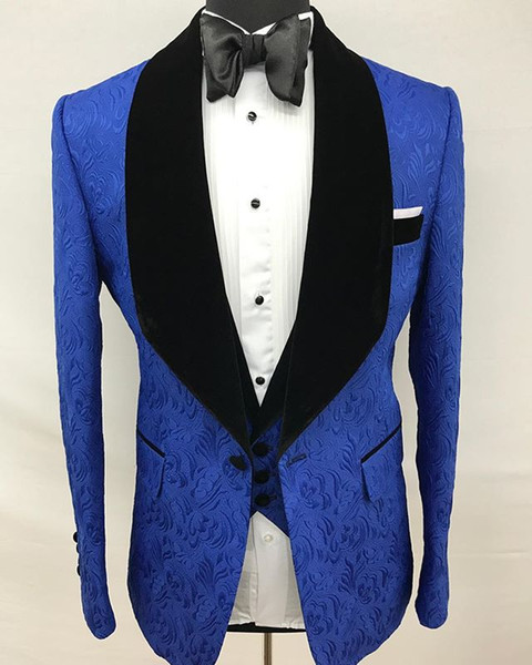 Costume Homme Groomsmen 3 Piece Men Suits Classic Royal Blue Jacquard Wedding Suit Tuxedo Groom Wedding Party Suits For Men