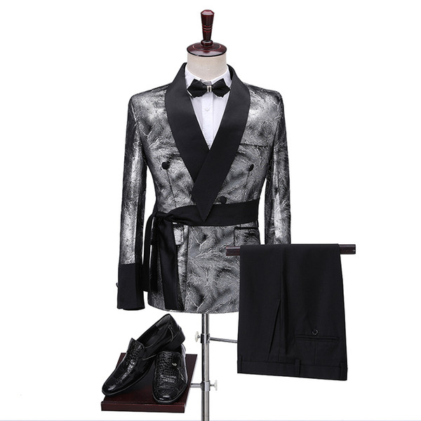 Latest Coat Pant Designs Slim Shiny Silver Smoking Jacket Italian Tuxedo Dress Double Breasted Men Suits For Wedding Groom