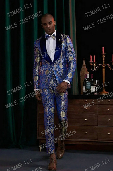 Royal Blue Jacquard Velvet Lapel Slim Fit Formal Men Suits With Pants Groomsmen Custom Made Groom Wedding Tuxedos Suits