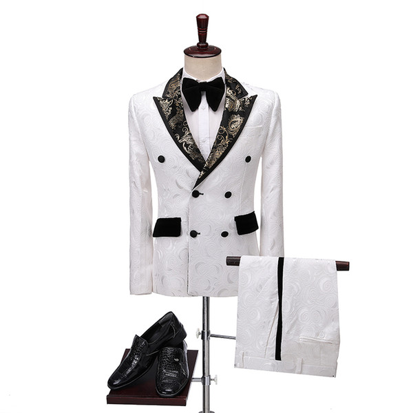 Fashion Men White Floral Double Breasted Wedding Groom Suit With Pants Tuxedo For Men Wedding Suits Prom Best Man Suit