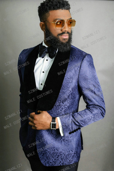Navy Blue Jacquard Wedding Men Suits Custom Made Slim Fit Groom Tuxedos 3 Piece Jacket Pants Vest Best Man Blazer For Prom