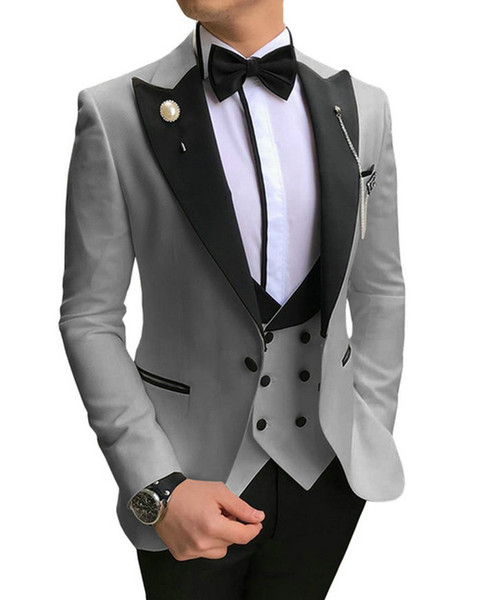 Male Wedding Dress Light Grey Groom Mens Tuxedo Tailor Made Best Man Blazer Wedding Suits For Men Peaked Lapel 3 pieces Set