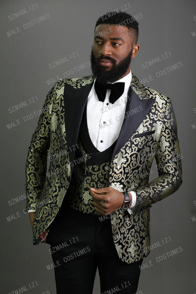 Peaked Lapel Slim Fit Black Gold Jacquard Smoking Tuxedo Groom Dinner Party Suit Men 3 Piece Wedding Dress Best Man Suit