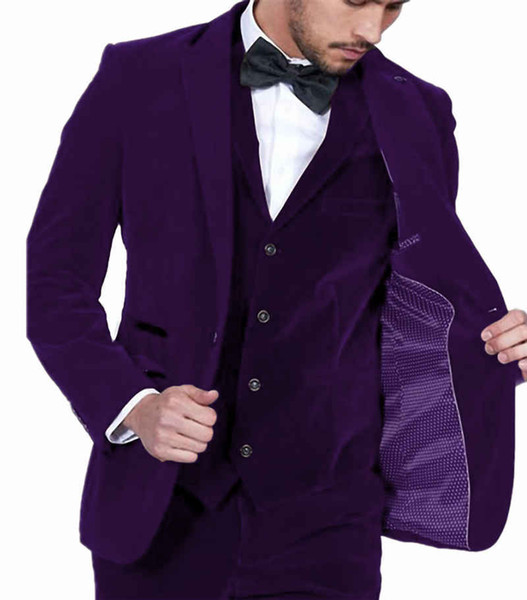 Elegant Purple Velvet Slim Fit Men Suit 3 Pieces Best Man Groom Groomsman Tuxedo Prom Wedding Suits For Men (Jacket+Pants+Vest+Bow)