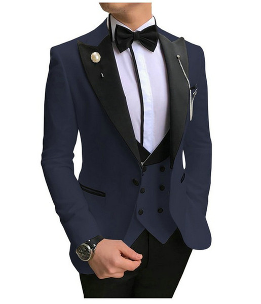 Italian Design Elegant Slim Fit Smoking Suit Men Costume 3 Pieces Homme Navy Blue Prom Tuxedo Groom Suits For Men