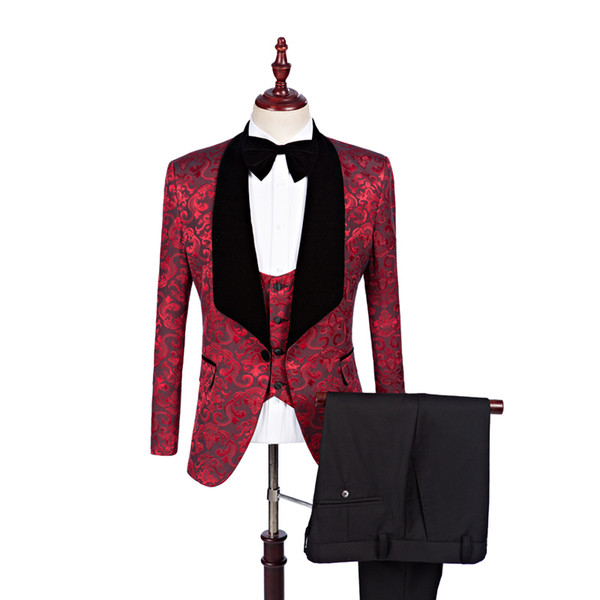 High Quality Burgundy Jacquard Groom Tuxedos Velvet Shawl Lapel Groomsmen Men Wedding Prom Suits (Jacket+Pants+Vest+Tie)