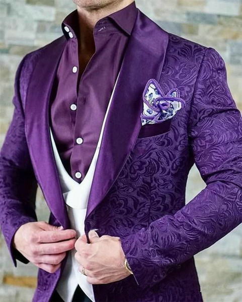 Elegant Mens Suits Italian Design Custom Made Purple Jacquard Smoking Tuxedo Jacket 3 Piece Groom Wedding Suits For Men