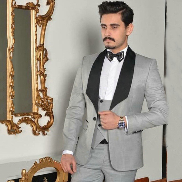 Grey Mens Suits Slim Fit Wedding Tuxedos Shawl Lapel Groom Wear Bridegroom Blazer Formal Prom Costume Homme 3PCS