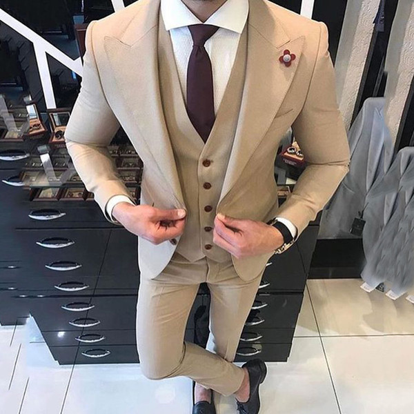 Khaki Men Suits Smart Casual Business Slim Fit Wedding Tuxedos Groom Wear Ternos Hombre 3 Pieces Jacekt Pants Vest Costume Homme Mariage