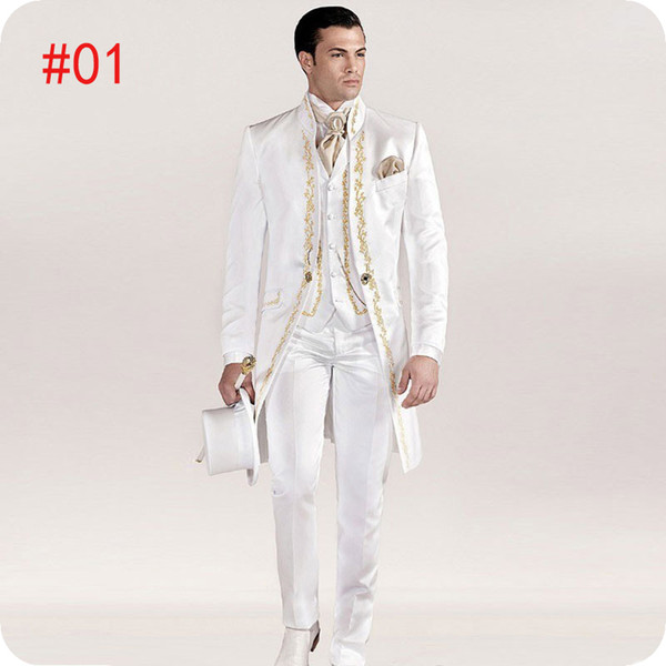 White Italian Tailcoat Mens Wedding Suits Embroidery Vintage Slim Fit Groom Wear Tuxedos Costume Homme Jacket Pants Vest