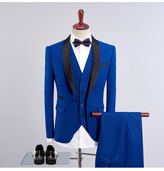 Royal Blue Groom Tuxedos Black Shawl Lapel Men Wedding Tuxedos Excellent Men Business Dinner Prom Blazer 3 Piece Suit(Jacket+Pants+Vest)