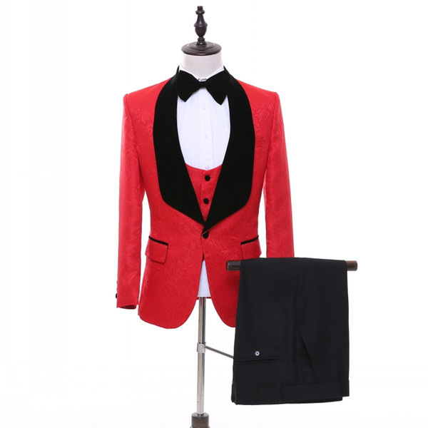 Custom Red Men Suits Wedding Groom Tuxedos with Black Shawl Lapel Slim Fit Best Man Prom Wear Blazer 3 Pieces (Jacket+Pants+Vest+Bow tie)