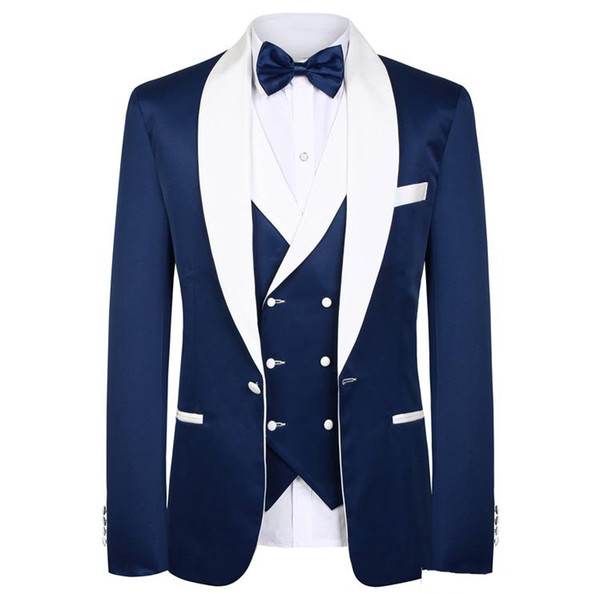 Burgundy Wedding Men Suits White Shawl Lapel Three Piece Jacket Double Breasted Vest Pants Groom Tuxedos