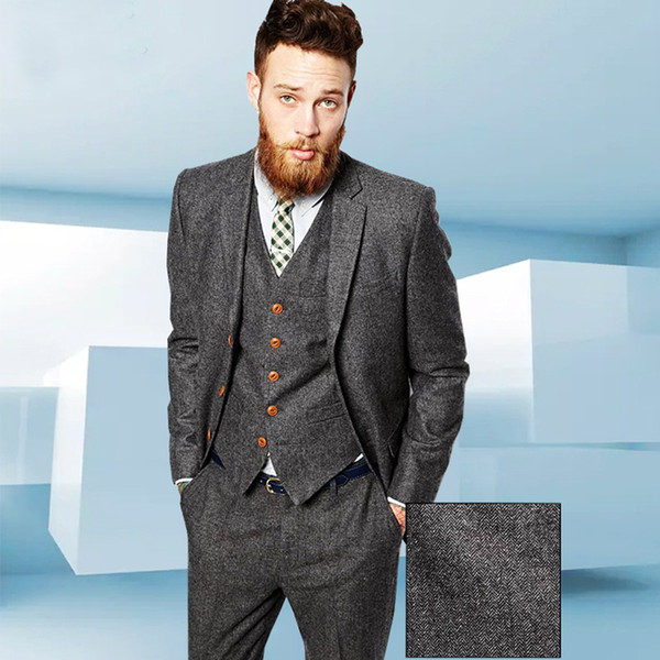 Tweed Gery Herringbone Men suit British Style Modern Blazer 3 Pieces Wedding Suits Herringbone Groom Suits (Jacket+pants+vest)