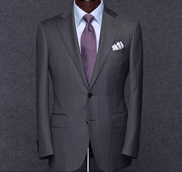 Mens Dark Grey Striped Two Button Blazer Jacket Peak Lapel Party Dress Suits Groom Wedding Formal Tuxedos Business Men Wear One Piece