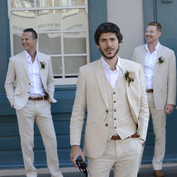 Latest Coat Pant Designs Ivory Beige Beach Linen Men Suits Wedding Suit Bestmen Summer Marriage Groom Tuxedo 3 Piece(Jacket+Pant+Vest)