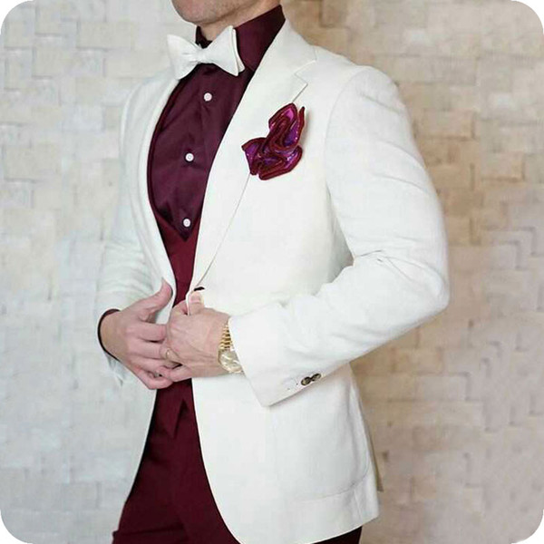 Latest Coat Pants Designs Ivory Men Suits for Wedding Prom Suits One Button Groom Tuxedos Terno Masculino Slim Fit Costume Homme 3 Pieces