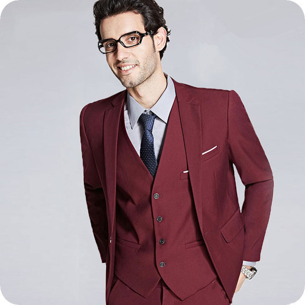 Custom Made Burgundy Men Suits Slim Fit Black Groom Wedding Tuxedos Groomsmen Wear Grey Bridegroom Blazers 3Piece Red Jacket Costume Homme