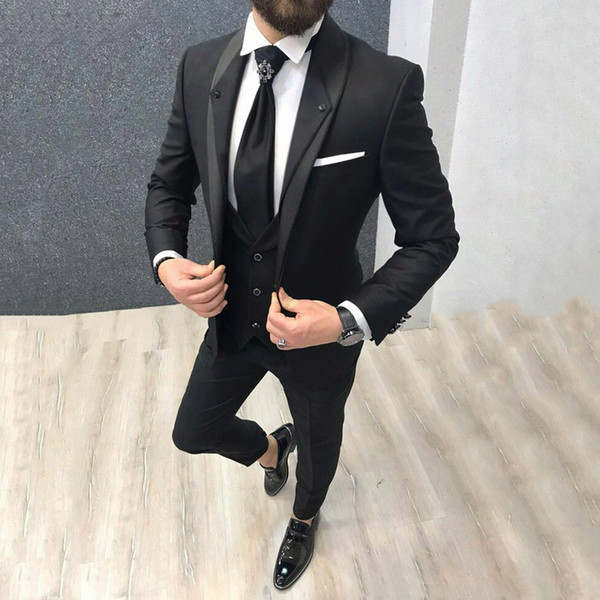 Latest Designs Black Men Suits for Wedding Suits Grey Shawl Lapel One Button Groom Tuxedos Terno Masculino Slim Fit Costume Homme 3 Pieces