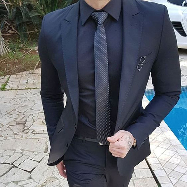 Navy Blue Slim Fit Casual Mens Wedding Suits Bridegroom Tuxedos Terno 2pcs Jacket Pants Groom Wear Costume Homme Prom Business Set